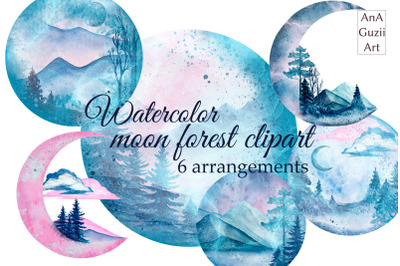 Watercolor moon forest clipart