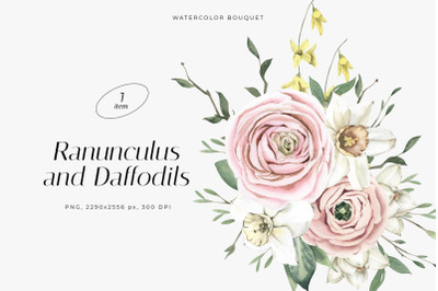 Watercolor Bouquet with Ranunculus, Daffodils and Leaves