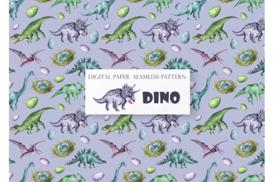 Dino seamless pattern. Dinosaurs watercolor background. Dino baby boy.