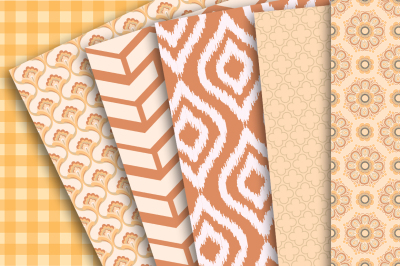 Retro Digital Papers: Tan and Orange patterns of ikat, damask, gingam, chevron and flowers