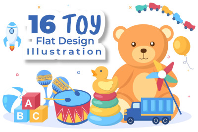 16 Kids Toys in Kindergarten Cartoon Illustration