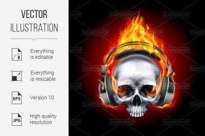 Flaming skull in headphones.