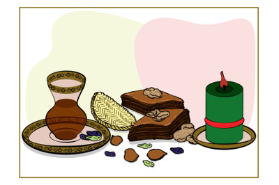 Armudu A glass of tea and sweets in honor of Novruz holiday