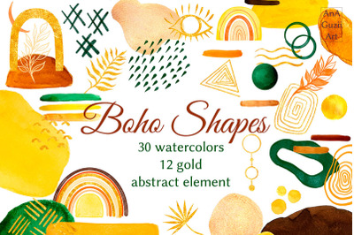 Watercolor Boho Shapes Plants and Leaves Clipart