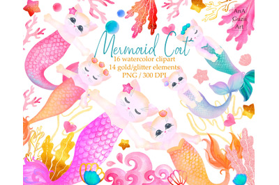 Watercolor mermaid cats Clipart, cute animal png.