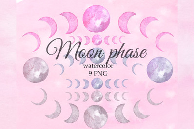 Watercolor moon phases clipart, Pink Moon clipart, Crescent moons