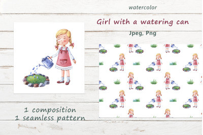 Watercolor Girl with a watering can