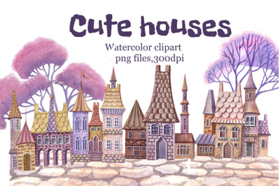 Fairy tale city png, watercolor clipart, ancient houses