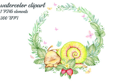 Watercolor frame, snail, strawberry, sublimation clipart, cute animals