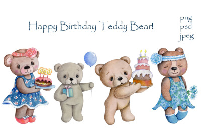 Happy Birthday Teddy Bear! Watercolor hand drawn illustrations.