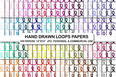 100 Hand Drawn Loops Digital Papers Pack, Doodles Background