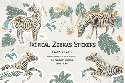 Tropical Zebras PNG. Digital Stickers, Elements, Sheets.