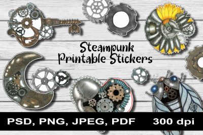 Steampunk Vintage Sticker Pack PNG. Steampunk Stickers Planner Vintage