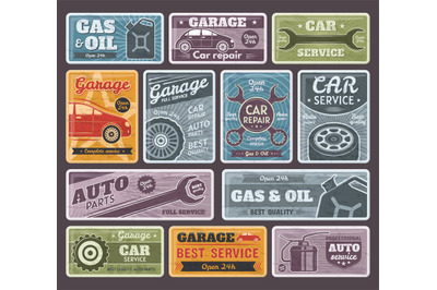 Vintage car, auto service, garage and gasoline station posters. Rusty,