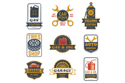 Vintage car gasoline station badges, retro fuel labels. Automobiles ga