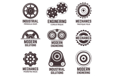 Mechanical gear logos, engine mechanic construction labels. Modern met