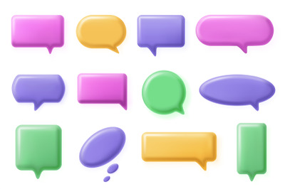 Speech bubble, 3d chat message elements, conversation dialog icons. On