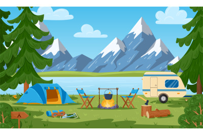 Cartoon tourist camp summer forest and mountain landscape. Campfire an