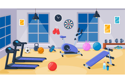 Cartoon gym interior room with sport fitness equipment. Sport elements