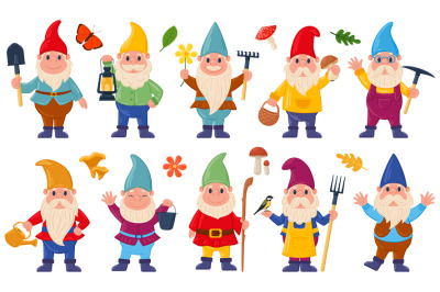 Cartoon fairy gnomes&2C; cute little dwarf characters. Funny garden decor