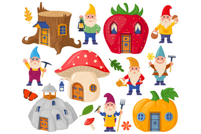 Garden gnomes characters and cute cartoon fairytale houses. Magic worl