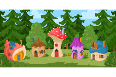 Cartoon forest fairy village&2C; fairytale gnome mushroom houses. Woods g