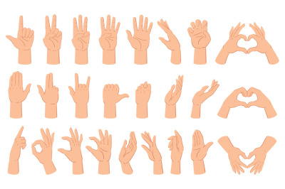 Cartoon hands gesture, hand poses, thumb up and counting gestures. Hum