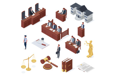 Isometric law elements, court, judge, lawyer, and hammer. Tribunal and