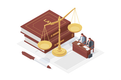 Isometric law concept, balance scale, justice book and case. Lawyer de