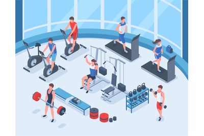 Isometric fitness sport, people workout in gym interior. Human charact