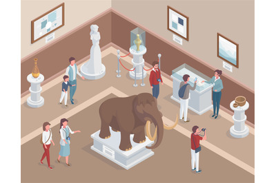 Isometric museum interior, history exposure, ancient exhibits. Museum