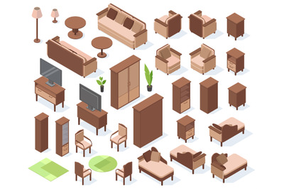 Isometric living room furniture, sofa, chair, couch and table. Apartme