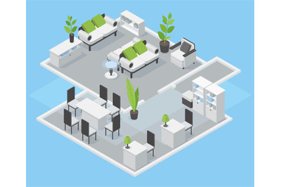 Isometric zoned interior, office or co-working space. Modern comfortab