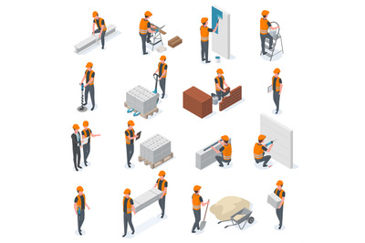 Isometric construction workers, builders and engineer characters. Peop