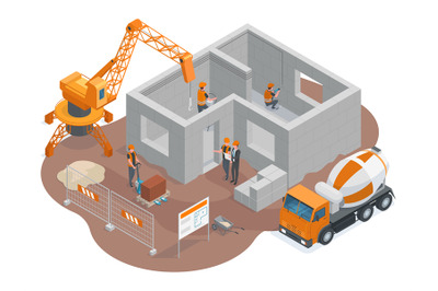 Isometric construction, building yard ground, workers and cranes truck