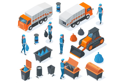 Isometric 3d garbage landfill, bulldozer, trash truck and scavengers.