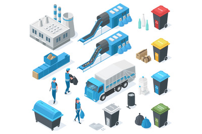 Isometric waste recycle, garbage plant, truck, industrial landfill env