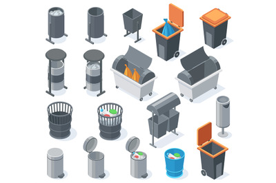 Isometric trash bins, 3d garbage rubbish can, waste recycle baskets. C