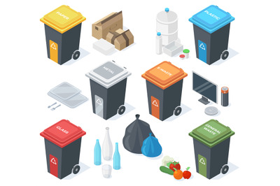 Isometric garbage multicolour trash cans, waste recycle bins. Plastic,