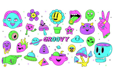 Cartoon neon psychedelic stickers&2C; abstract hipster retro emojis. Hipp