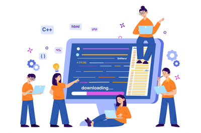 Website software developing, app programmers team concept. Code engene