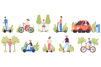 People ride scooter, bicycle, skateboard, motorbike and electric car.