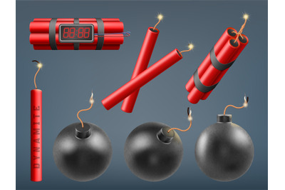 Realistic bombs, burning dynamite bomb sticks and explosive firecracke