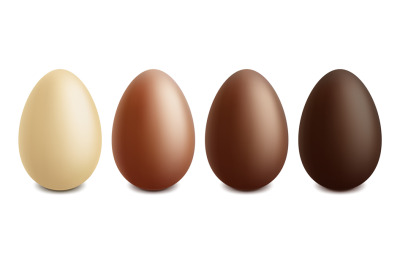 Realistic easter chocolate egg, white, milk and dark chocolate eggs. E