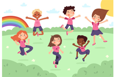 Happy cartoon kids jumping in park or kindergarten playground. Childre