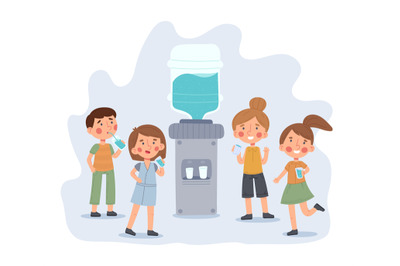 Kindergarten children drinking water, kids near school water cooler. T