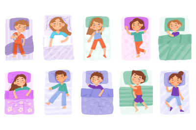 Kids in bed, sleeping children, cartoon bedtime characters. Kindergart