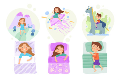 Child in bed, fantasy world bedtime sleeping kid character. Kids night