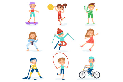 Sport kids, cartoon baby athletes, kindergarten sport activities. Chil