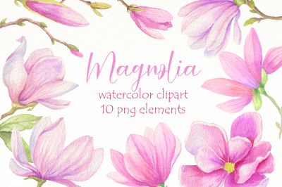 Watercolor magnolia clipart bundle | Spring pink flowers png